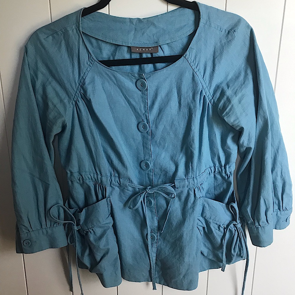 Blue button up Lenin blend button up with pockets and draw string waist